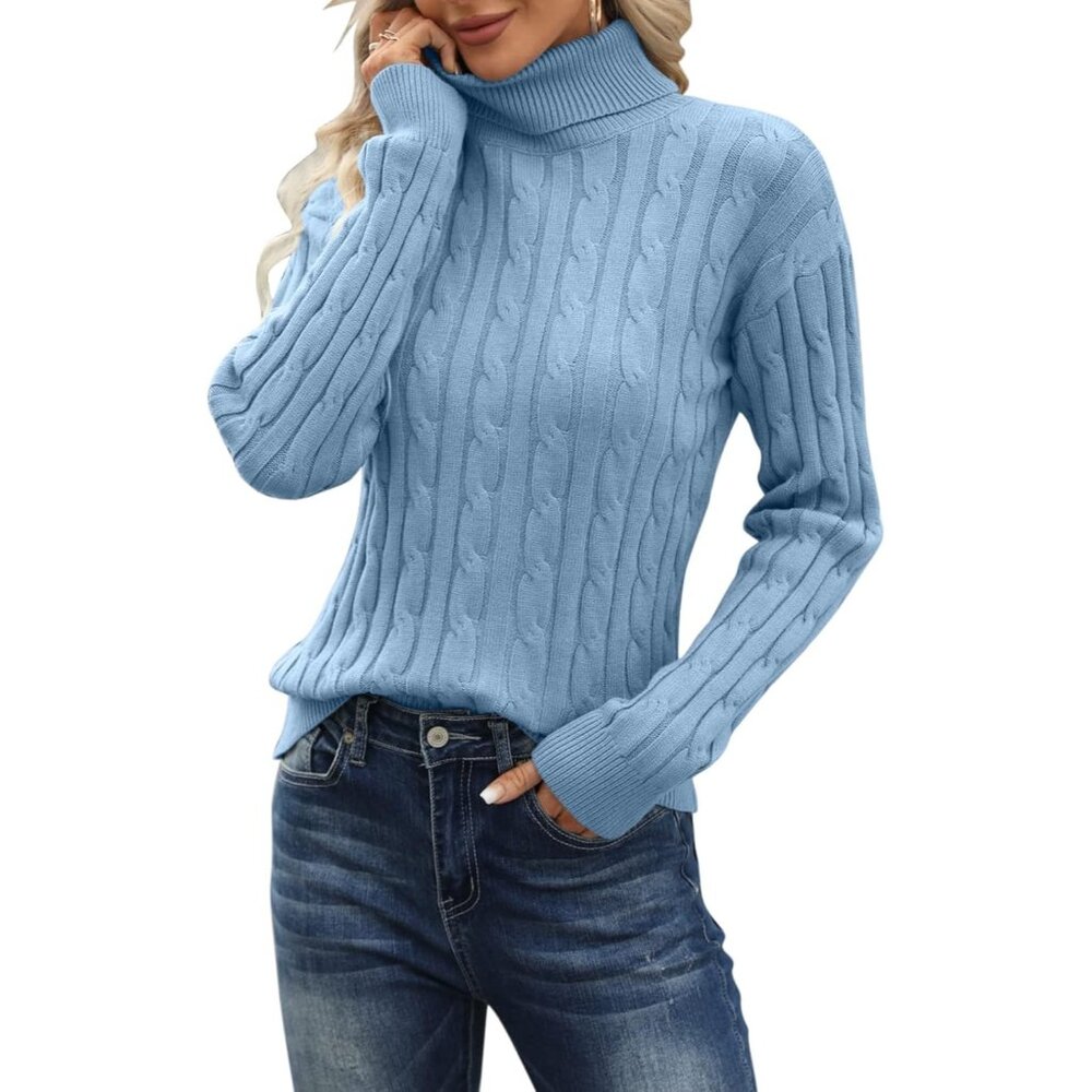 Women Classic Fit Lightweight Cable Long Sleeve Mockneck 02 Blue Casual Sweater